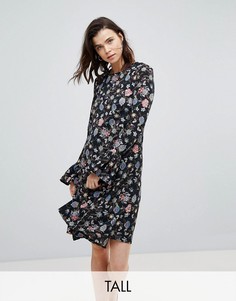 Платье А-силуэта с расклешенными манжетами и цветочным принтом Glamorous Tall-Черный