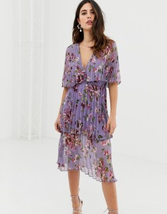 Сиреневое плиссированное платье миди с цветочным принтом ASOS DESIGN-Мульти
