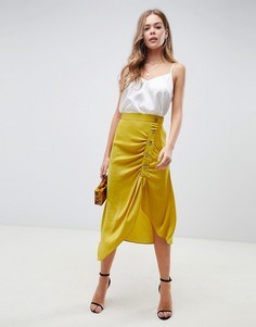 Атласная юбка миди с кнопками ASOS DESIGN-Желтый