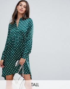 Атласное платье-рубашка в горошек с асимметричным краем Influence Tall-Зеленый