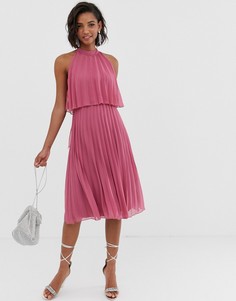 Плиссированное платье миди с халтером и завязкой ASOS DESIGN-Розовый