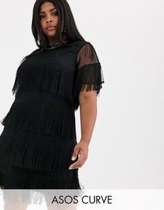 Свободное платье-футболка мини с отделкой бахромой ASOS DESIGN Curve-Черный