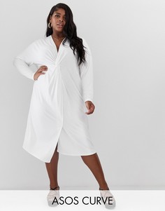 Свободное платье миди с длинными рукавами и узлом ASOS DESIGN Curve-Белый