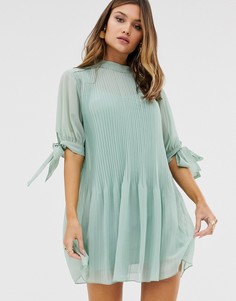 Плиссированное платье-трапеция мини с завязками на рукавах ASOS DESIGN-Зеленый