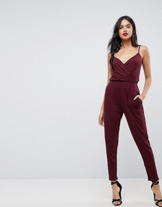 Трикотажный комбинезон с запахом спереди и широкими штанинами ASOS-Красный