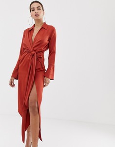 Атласное платье-рубашка миди с поясом ASOS DESIGN-Коричневый