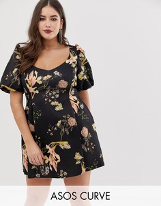 Платье мини с объемными рукавами и цветочным принтом ASOS DESIGN Curve-Мульти