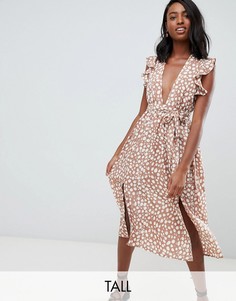 Платье миди в горошек с рукавами-оборками Glamorous Tall-Коричневый