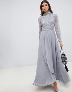 Платье макси с длинными рукавами и отделкой на лифе ASOS DESIGN-Серый