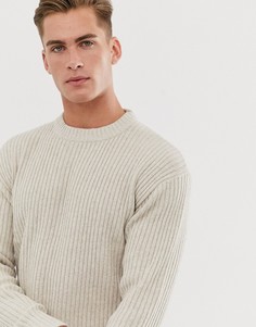 Бежевый джемпер в рубчик и с круглым вырезом Selected Homme