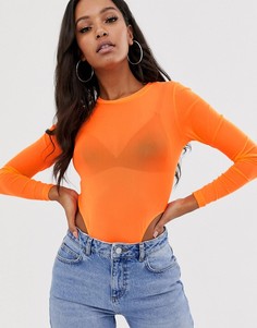 Неоново-оранжевый сетчатый боди с длинными рукавами ASOS DESIGN