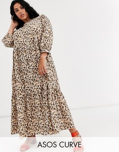 Ярусное платье макси с леопардовым принтом ASOS DESIGN Curve-Мульти