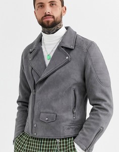 Серая байкерская куртка из искусственной замши Topman-Серый