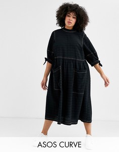 Фактурное свободное платье миди с завязками на рукавах ASOS DESIGN Curve-Черный