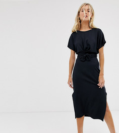Черное платье миди с поясом Bershka-Черный