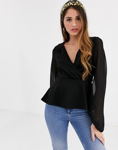 Черный топ с длинными рукавами и запахом New Look