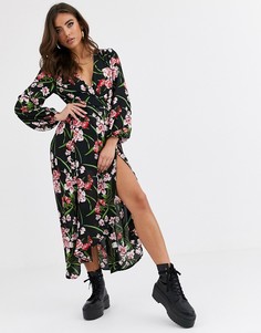 Платье миди с запахом, разрезом на бедре и цветочным принтом Missguided-Мульти