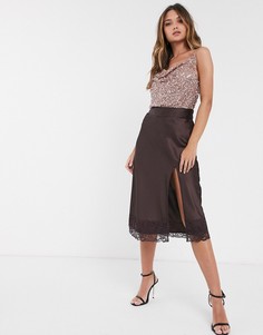 Атласная юбка миди шоколадного цвета с разрезом и кружевной отделкой Vero Moda-Коричневый