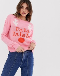 Новогодний джемпер с оленем и надписью \falala\" Noisy May-Розовый
