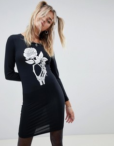 Платье в стиле Хэллоуина с принтом скелета и розы Brave Soul-Черный