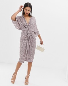 Платье-кимоно миди с перекрученной отделкой спереди и пайетками ASOS DESIGN-Серый