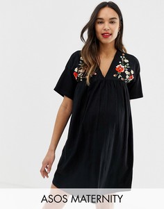 Хлопковое платье с вышивкой и сборками ASOS DESIGN Maternity Ultimate-Черный