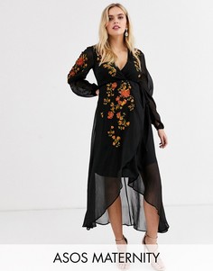 Платье миди с запахом и вышивкой ASOS DESIGN Maternity-Черный