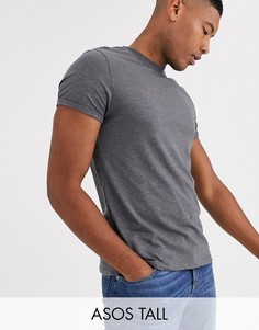 Темно-серая меланжевая футболка с круглым вырезом и отворотами на рукавах ASOS DESIGN Tall-Серый