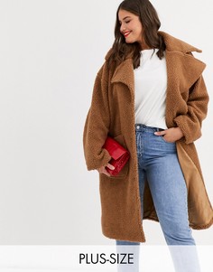 Длинное флисовое oversize-пальто Daisy Street Plus-Коричневый