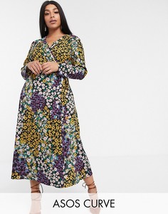 Платье макси с цветочным принтом и запахом ASOS DESIGN Curve-Мульти