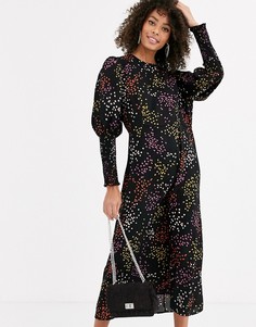 Черное платье миди в горошек с длинными присборенными рукавами Never Fully Dressed-Мульти