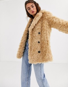 Бежевое пальто из искусственного меха Topshop-Светло-коричневый