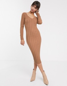Платье миди в рубчик с V-образным вырезом ASOS DESIGN-Светло-бежевый