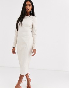 Платье-футляр миди с длинными рукавами из искусственной кожи ASOS DESIGN-Кремовый