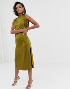 Атласное платье миди с разрезами и драпированными проймами ASOS DESIGN-Зеленый