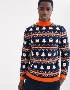 Новогодний джемпер с высоким воротником ASOS DESIGN-Синий