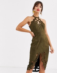 Платье миди из искусственной замши с резной отделкой ASOS DESIGN-Зеленый