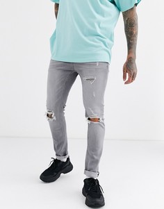 Серые джинсы скинни с рваной отделкой Topman-Серый