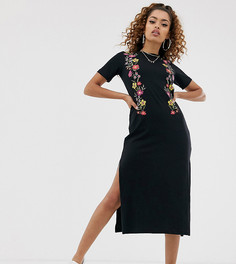 Платье-футболка миди с цветочным принтом ASOS DESIGN Petite-Черный