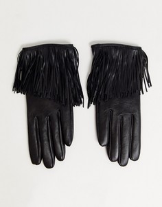 Черные кожаные перчатки для сенсорных экранов с бахромой ASOS DESIGN-Черный