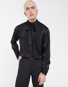 Атласная рубашка классического кроя с высоким воротником и завязкой ASOS DESIGN-Черный