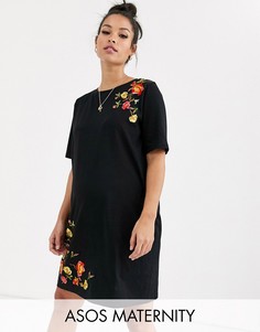 Платье-футболка мини с вышивкой ASOS DESIGN Maternity-Черный