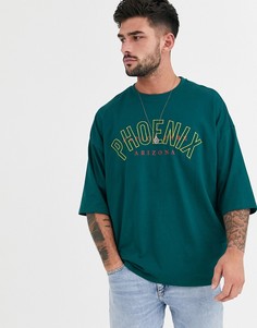 Свободная футболка из органического хлопка с принтом и вышивкой ASOS DESIGN-Зеленый