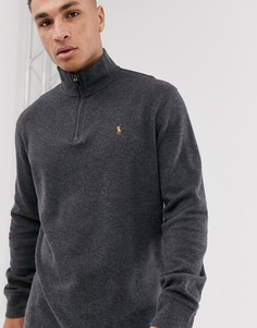 Серый меланжевый джемпер с короткой молнией и логотипом Polo Ralph Lauren