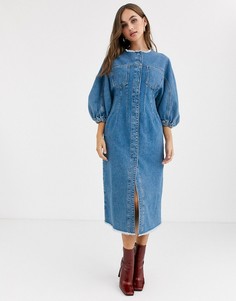 Джинсовое платье миди с необработанным краем ASOS DESIGN-Синий