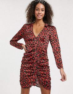 Атласное платье мини на пуговицах с цветочным принтом и сборками ASOS DESIGN-Мульти