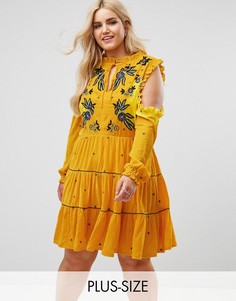 Бархатное свободное платье с открытыми плечами и цветочной вышивкой Frock And Frill Plus-Желтый
