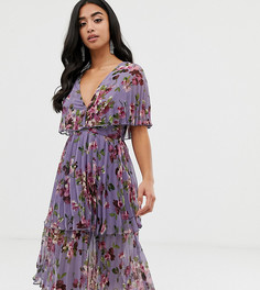 Ярусное платье миди со складками и цветочным принтом ASOS DESIGN Petite-Розовый