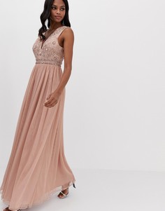 Платье макси с юбкой из тюля и отделкой на лифе ASOS DESIGN-Розовый