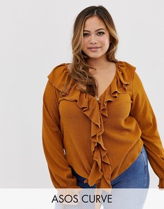 Фактурный топ на пуговицах с оборками ASOS DESIGN Curve-Желтый